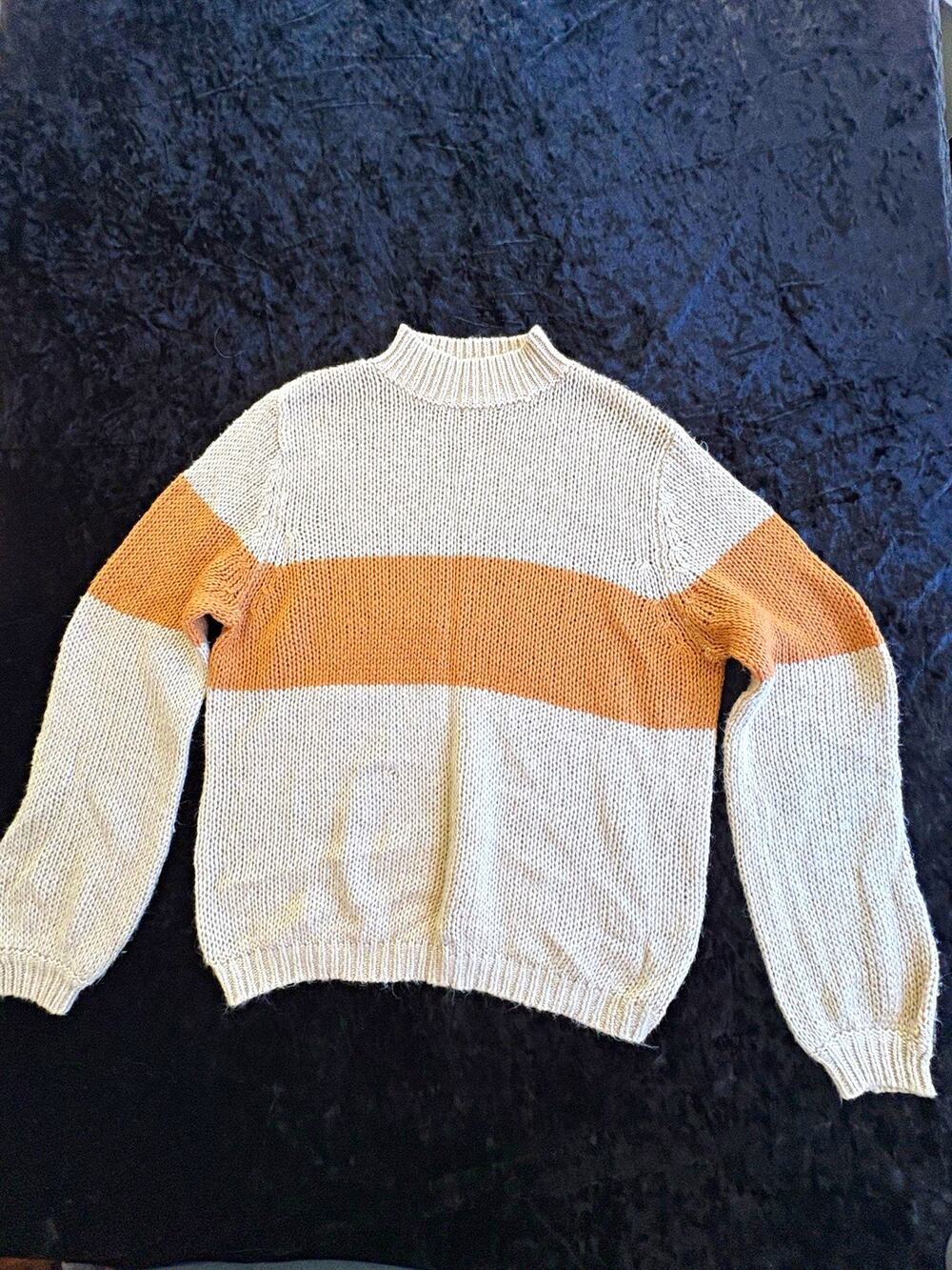 Cream/Tan Knit Mock Neck Striped Pullover Sweater Ribbed Trim M Cabin Harvest